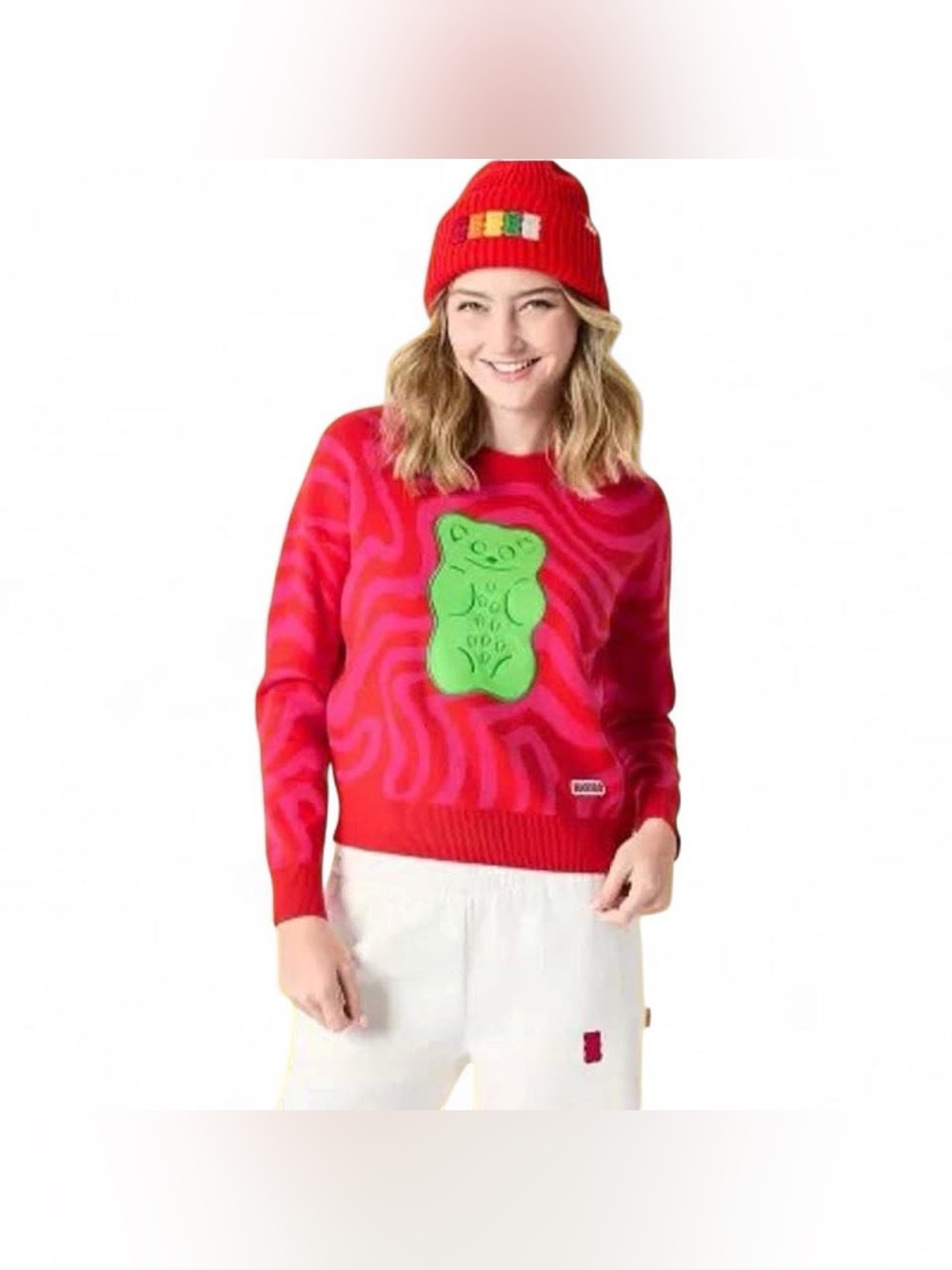 HARI Red and Pink Swirl Sweater with Green Gummy Bear Applique